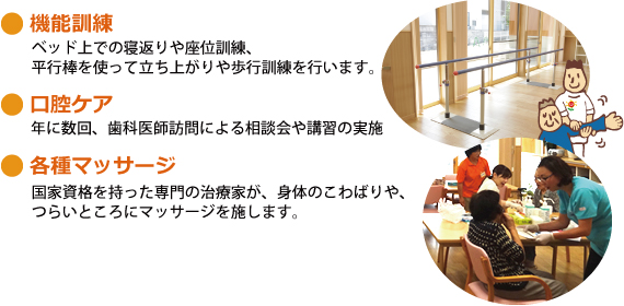 ●機能訓練　ベッド上での寝返りや座位訓練、平行棒を使って立ち上がりや歩行訓練を行います。●口腔ケア　年に数回、歯科医師訪問による相談会や講習の実施。●各種マッサージ　国家資格を持った専門の治療家が、身体のこわばりや、つらいところにマッサージを施します。